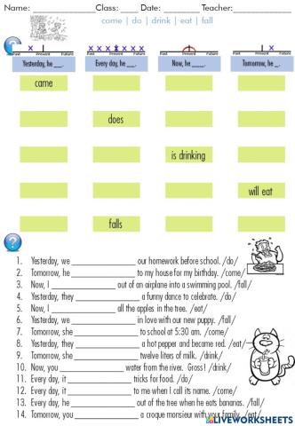 4 verb tenses:  come - do - drink - eat - fall