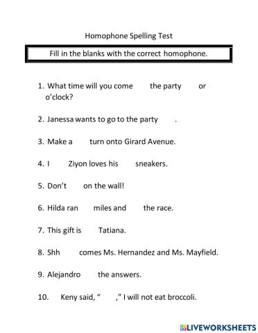 Homophones Fill in the blank Test