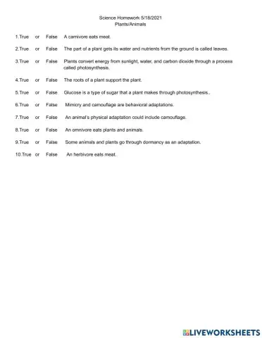 Science Homework Animals & Plants 5-18-2021