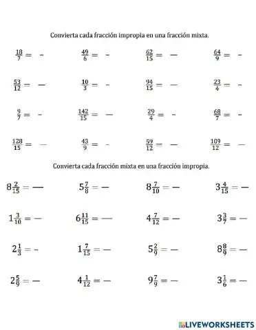 Conversión de fracción mixta a impropia y viceversa
