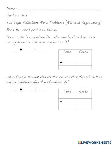 Two Dgit Addition Word Problems