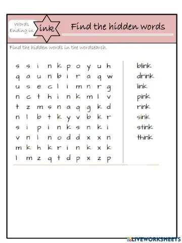 Word family -ink: wordsearch