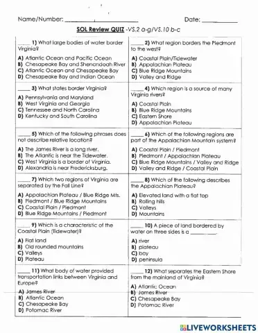 Virginia Studies SOL Review VS2a-g, VS10b-c