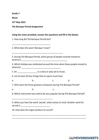 The Baroque Period Assignment