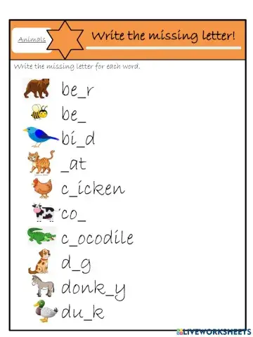 Starters animals - write the missing letter