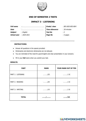 2021-Impact 3-End of Semester 2 - Listening Test