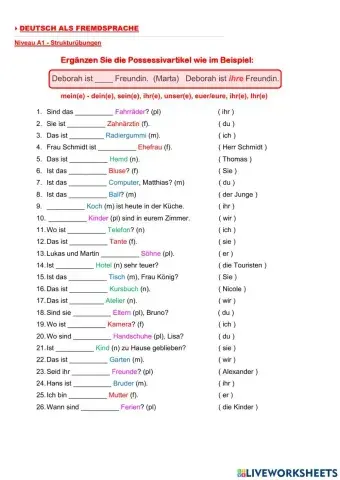 Die Possessivartikel - Arbeitsblatt 4