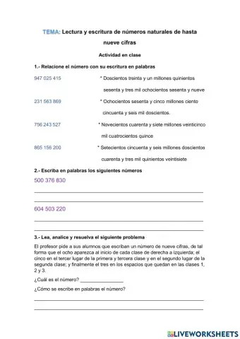 Lectura y escritura de números naturales de hasta nueve cifras