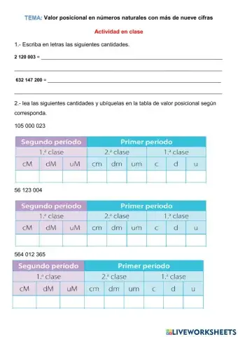 Valor posicional en números naturales hasta de nueve cifras