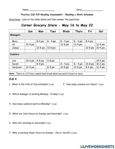 Corner Store Work Schedule