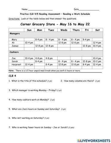 Corner Store Work Schedule