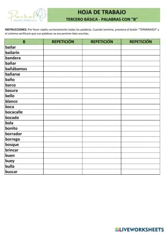Hoja de trabajo - palabras con b