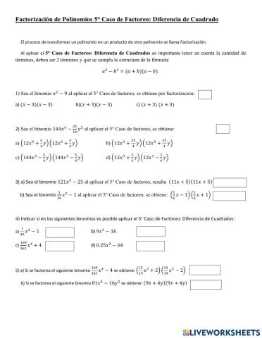 Factorización Diferencia de Cuadrados 5° Caso de Factoreo