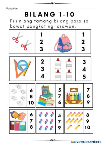 Kindergarten-Bilang 1-10 Pagsasanay -2