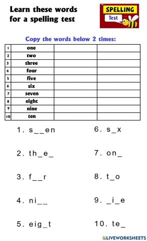 Spelling: numbers (1-20)