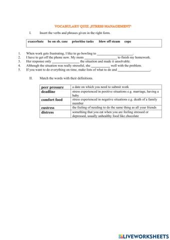 Vocabulary quiz 'Stress management'