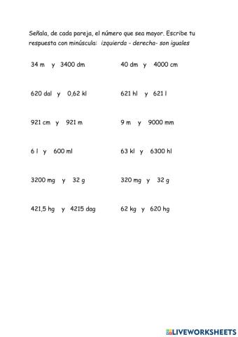 Comparación unidades de medida