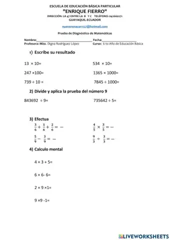 Prueba de Diagnóstico de Matemáticas de 6to