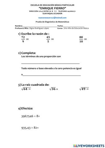 Prueba de Diagnóstico de Matemáticas de 7 mo