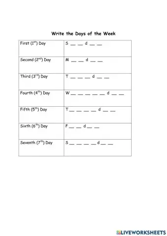 Days of the week - Write the day of the week