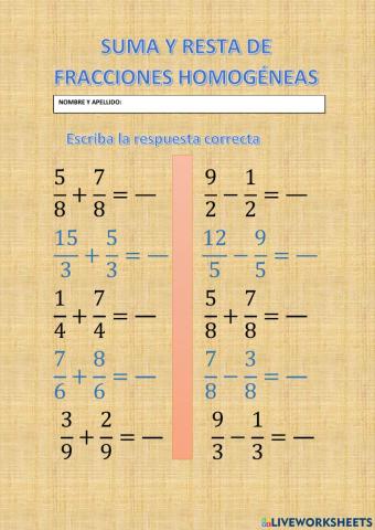Suma y resta de fracciones homogeneas