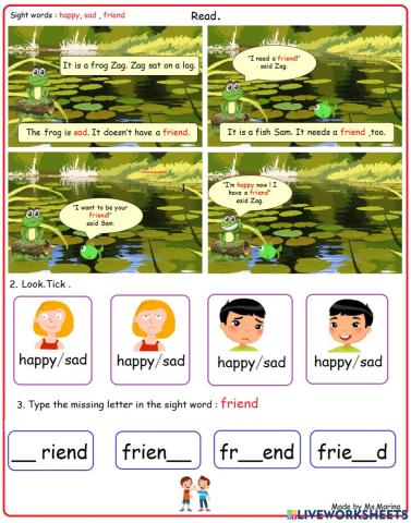 Sight words:happy,sad,friend