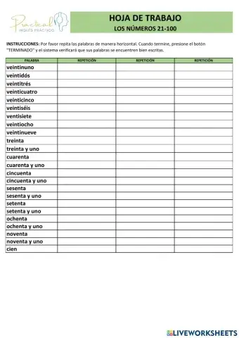 Hoja de trabajo - números 21-100