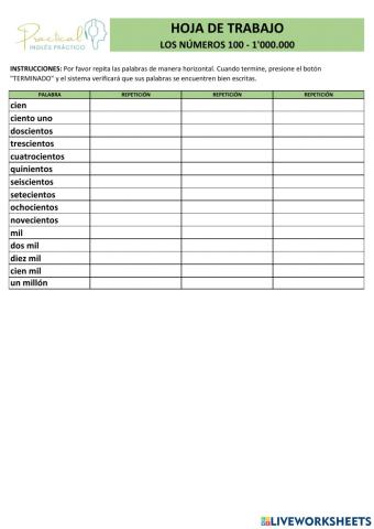Hoja de trabajo - números 100-1'000.000