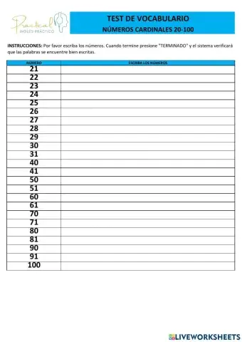 Test de vocabulario - números cardinales 21-100