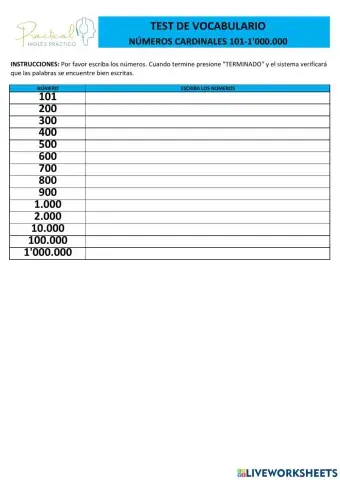 Test de vocabulario - números cardinales 100-1'000.000