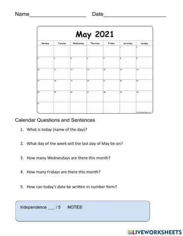 Calendar Worksheet for 5-17-21
