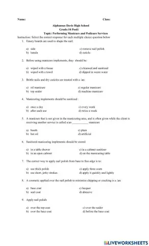 Manicure and Pedicure worksheet
