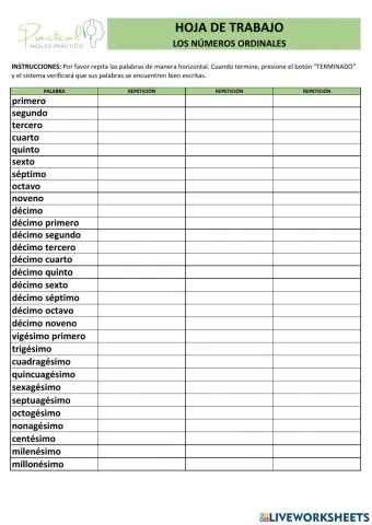 Hoja de trabajo - números ordinales