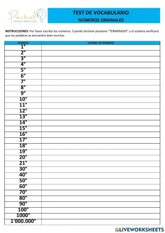 Test de vocabulario - números ordinales