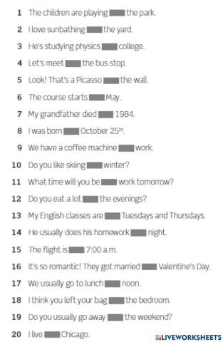 Prepositions - in, on, at