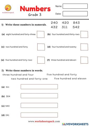 Numbers worksheet numerals and words