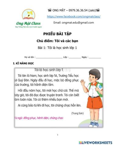 Phiếu đọc hiểu: Tôi là học sinh lớp 1