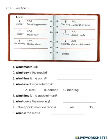 CLB 1 Reading Personal Calendar