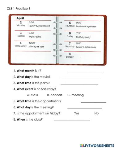 CLB 1 Reading Personal Calendar