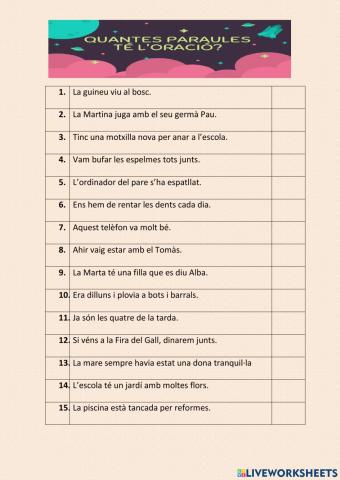 Compta les paraules de cada oració nº 1