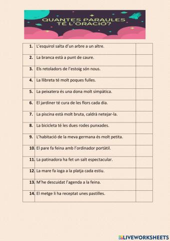 Compta les paraules de cada oració nº 5