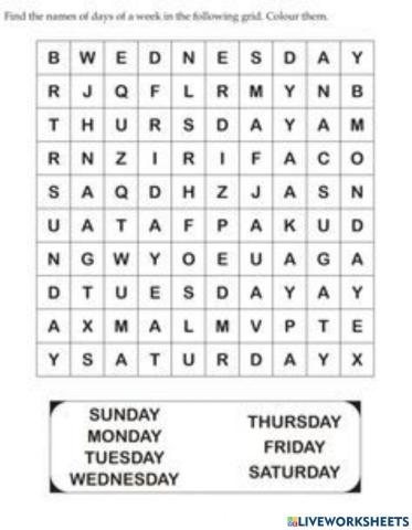 Hunting words days of the weeks