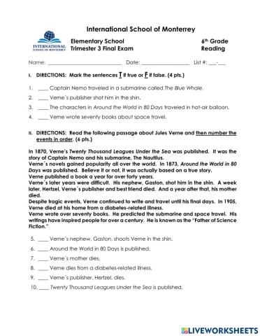 6-T3 Reading Trimestral Exam