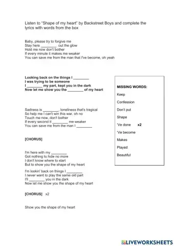 A1 song worksheet shape of my heart backstreet boys