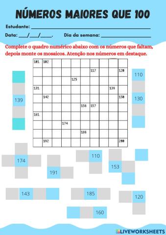 Quadro numérico de 101 a 200