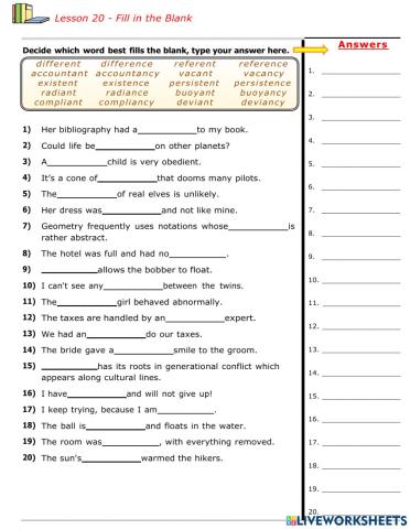 Lesson 20   Final Syllables –ent-–ence-–ency, –ant-–ance-–ancy