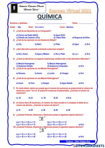 Examen Química 1ero Sec. 