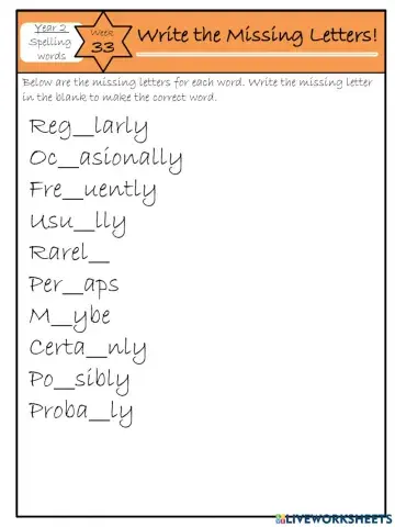 Spellings group 3 - week 33 - Missing letter