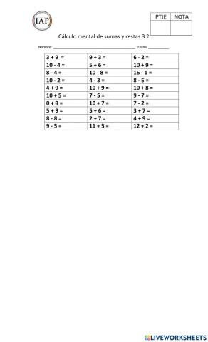 Calculo Mental Sumas y restas