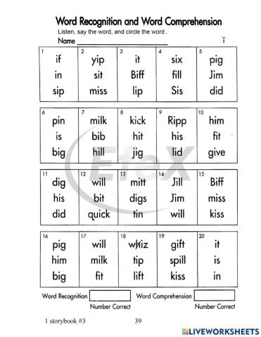 Short i word recognition and word comprehension